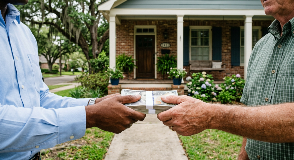 cash home buyer handing money to homeowner for house sale in Lafayette Louisiana